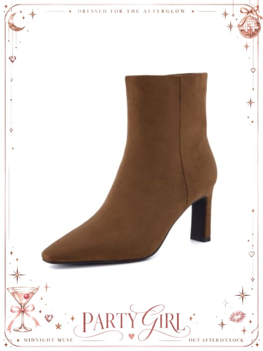 Vegan Suede Square Toe Mid Heel Ankle Booties with Zipper